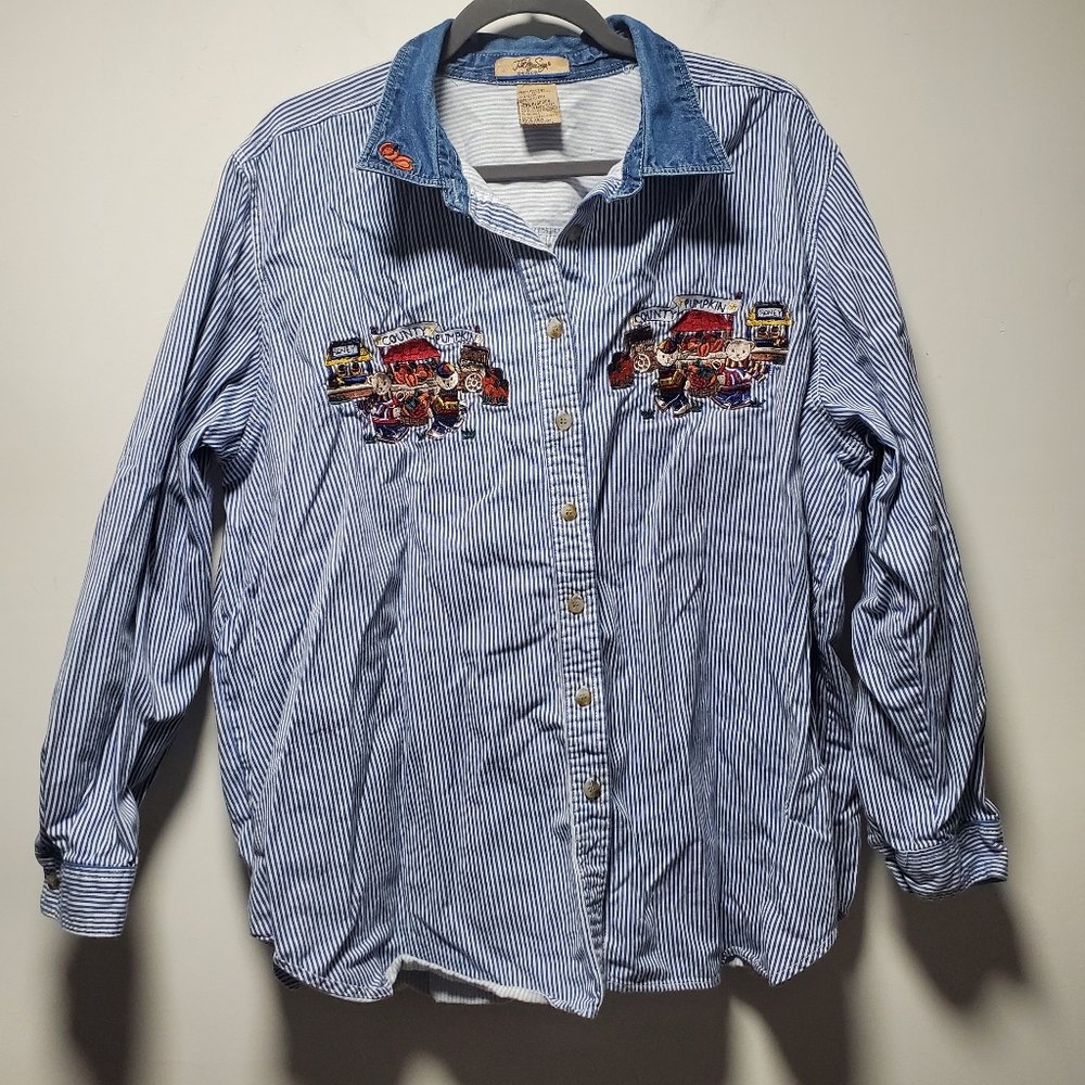 Vintage Fall Pumpkin Bears Button-Up Size 22W/24W Denim Stripe Embroidery 90s